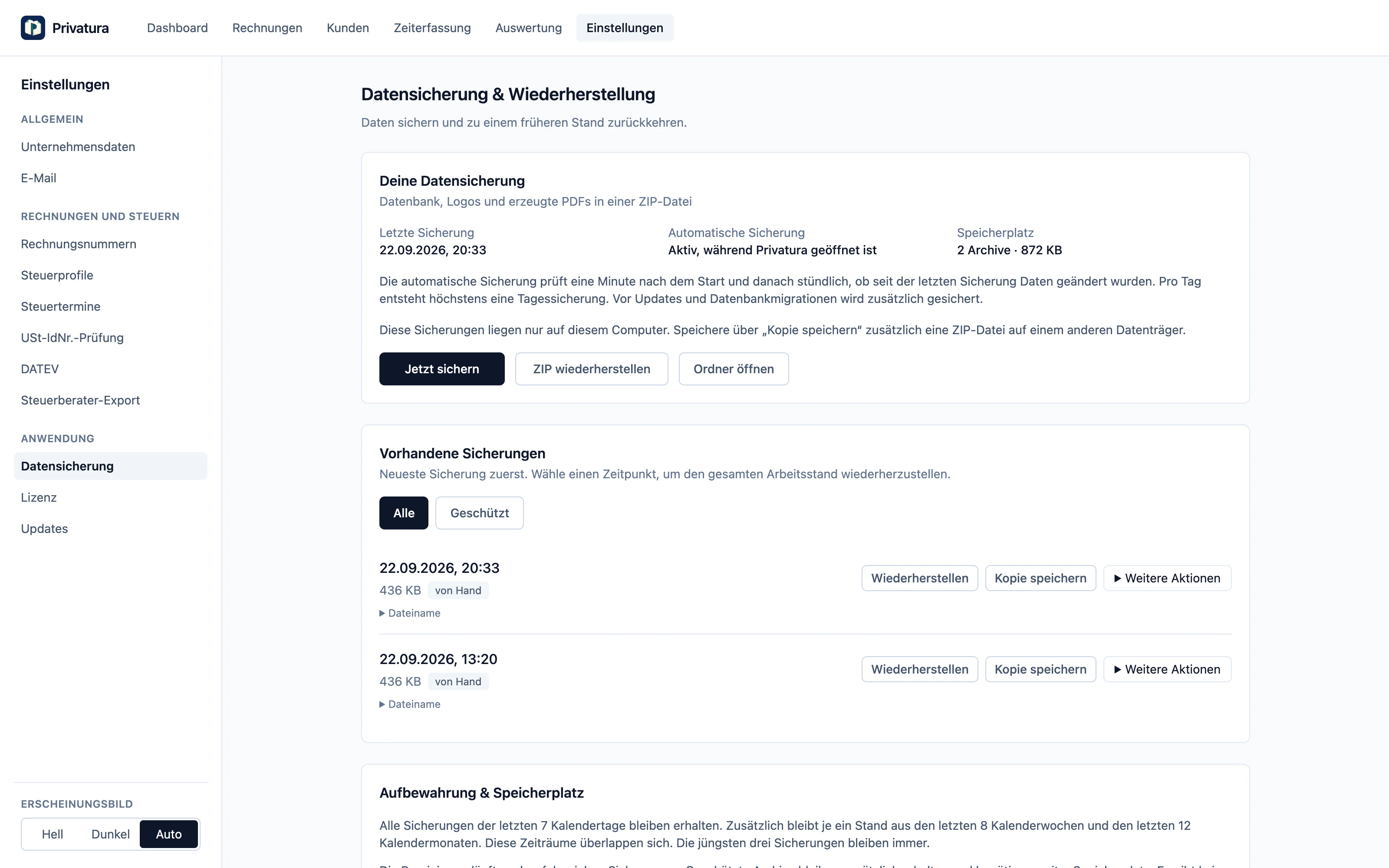 Privatura zeigt den lokalen Datenordner und Funktionen zum Erstellen und Einsehen lokaler Sicherungen.