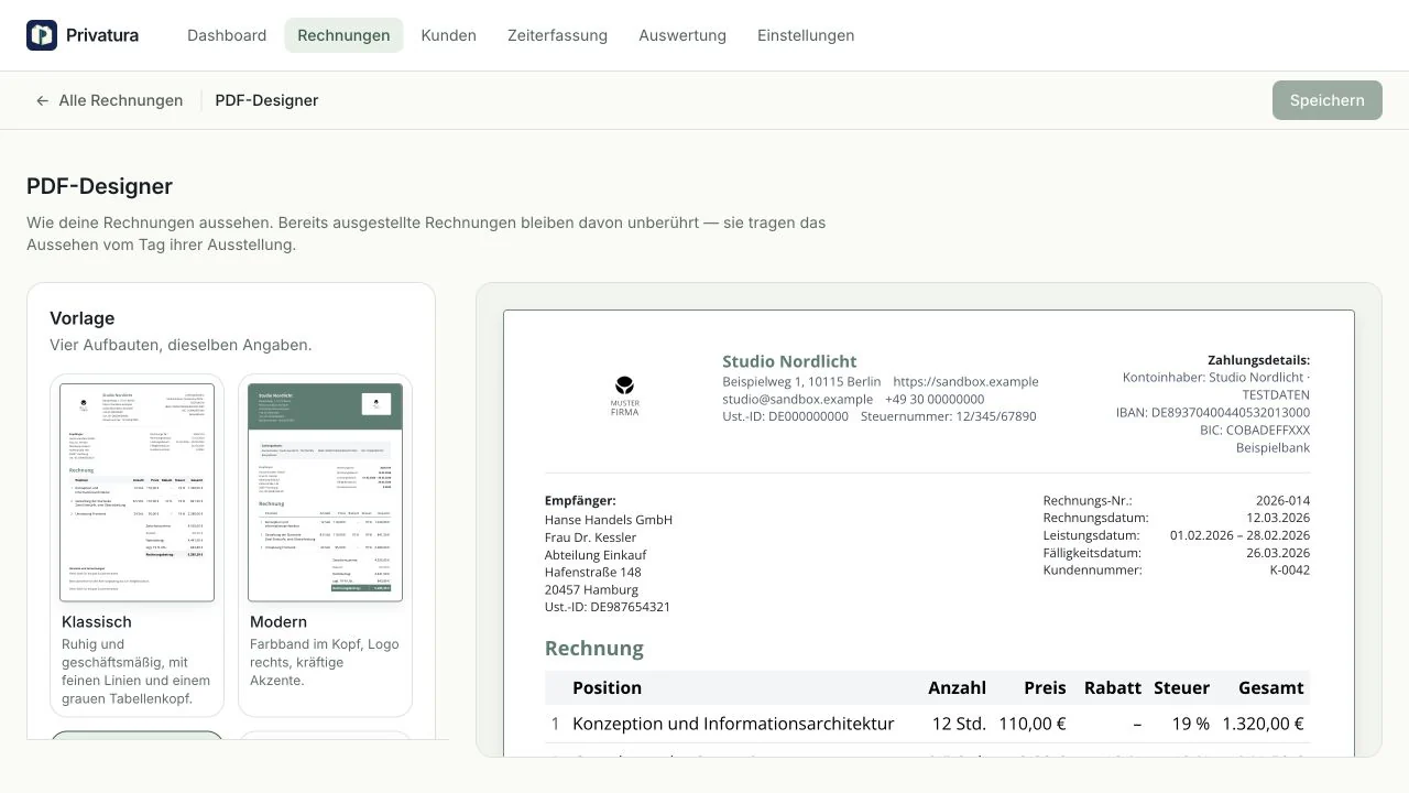 Detail der echten App-Ansicht: Vorlagen im PDF-Designer. Fiktive Beispieldaten.