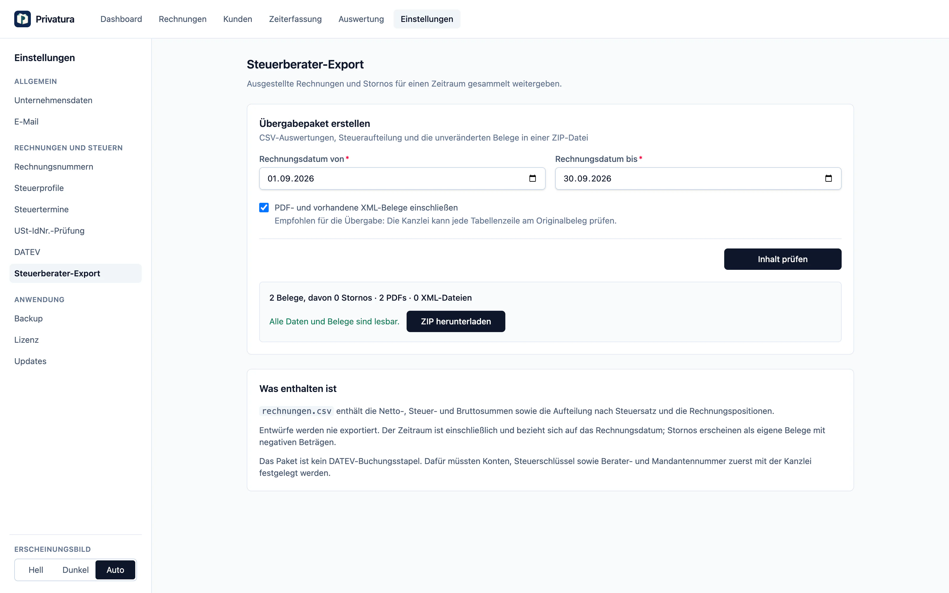 Originalansicht: Export für die Steuerberatung mit Beispieldaten.