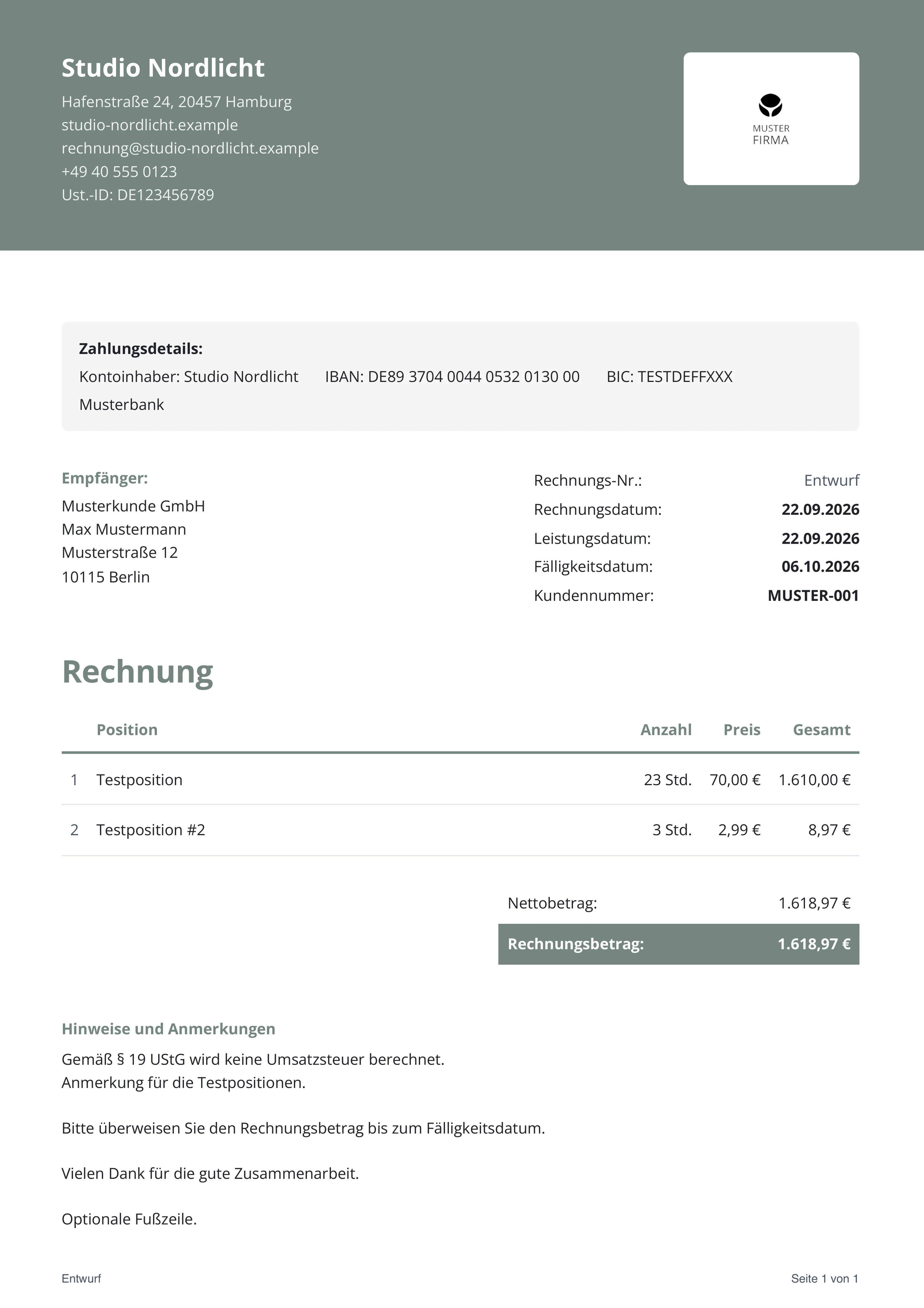 Rechnungsvorschau in Privatura vor dem Export als ZUGFeRD oder XRechnung.