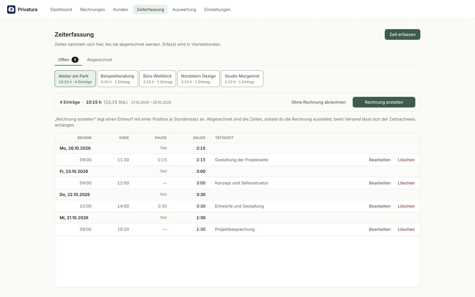 Detail der echten App-Ansicht: Zeiterfassung. Fiktive Beispieldaten.